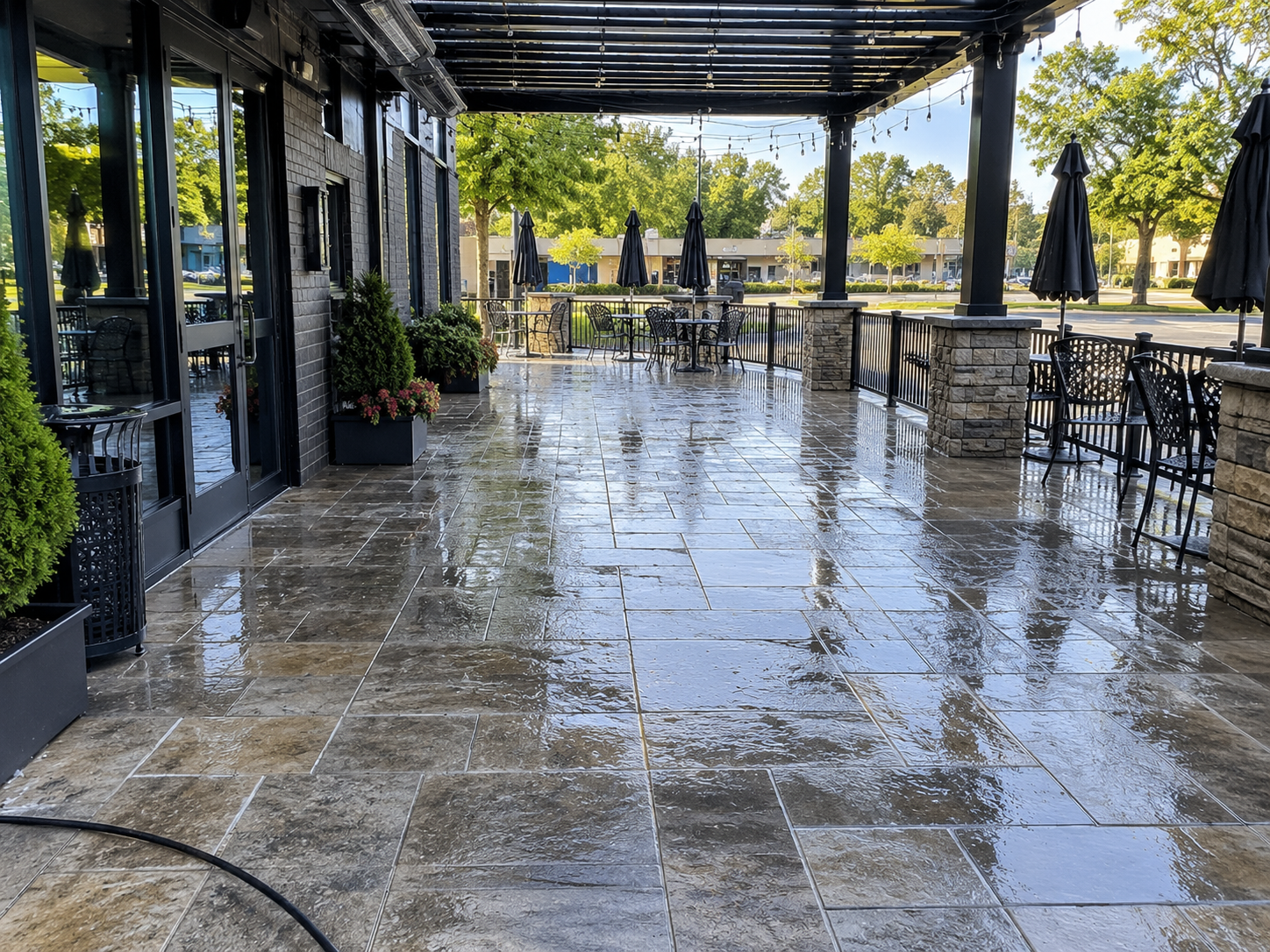 Pressure washing a commercial patio area